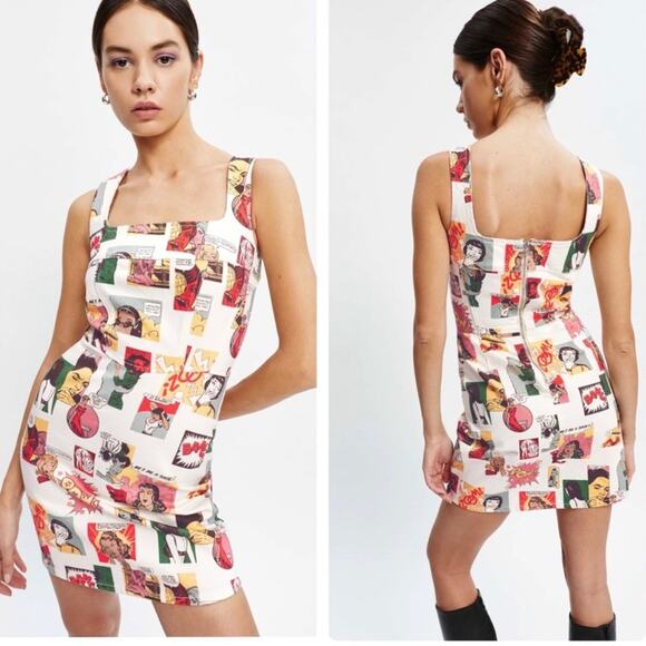 Reformation Davies Bustier Denim Mini Dress comic print sz 2 - Picture 1 of 9